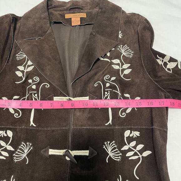Vintage Arden B Brown Suede Leather Coat Ivory Embroidery Women L (runs small) - Picture 5 of 8